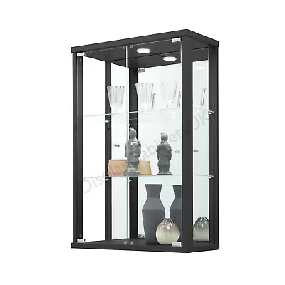 Wall Hanging Glass Display Cabinets: Silver Black White + Light Mirror Lock • £119