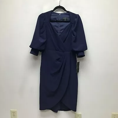 Aidan Mattox Navy Knee Length Faux Wrap Lined Puff Sleeve Cocktail Dress 8 $245 • $60.95