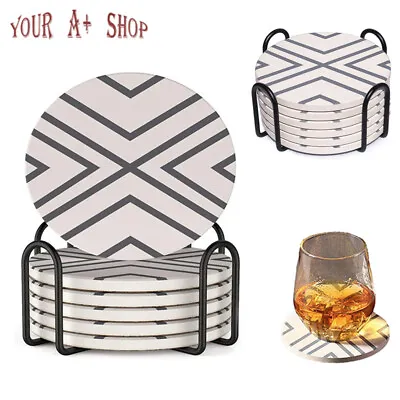 $11.85 • Buy Set Of 6 Ceramic Coasters With Holder Marble Drink Coffee Tea Cup Pad Mat Decor