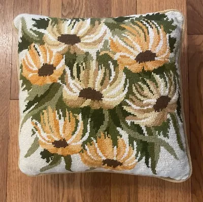 Vintage Needlepoint Yellow Floral Throw Pillow 13” Square~Beautiful! • $29