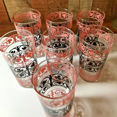 Vtg Mid Century Modern Black & Pink Scrolls & Leaves Lg. Tumblers Anchor - 7 Pc • $42