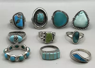 Vintage LOT 10 Sterling Silver Turquoise Rings Soutwest Native American Sz 5.5~8 • $130