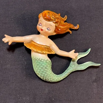 Vintage Lefton Ceramic Mermaid Wall Plaque Hula Girl Brown & Red Hair MCM • $249.99