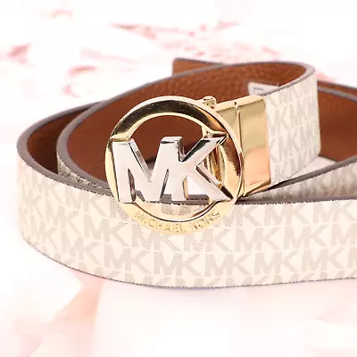 Michael Kors Women's Twist Reversible Belt Medium Vanilla Brown Leather W/Logo • $59.99