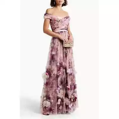 Marchesa Off Shoulder Tulle Gown Pink 3D Floral Pleated Bodice Dress Sz 6 • £380.86