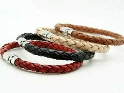 Men's Women's Silver Stainless Steel Magnetic Clasp Braided Leather Bracelet • $4.25