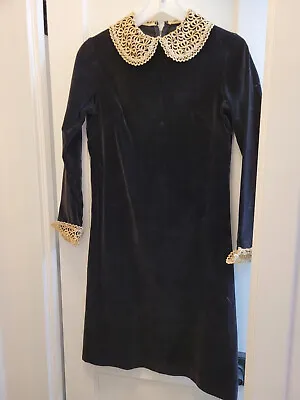 Exquisite Vintage Black Velvet Dress W/ Lace Collar And Cuffs Sz. S • $50