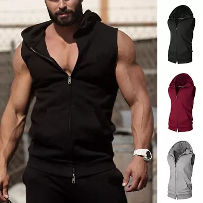 Men Gym Sleeveless Hoodie Fitness Sports Muscle Hooded Vest T-Shirt Tank Top UK • £4.79