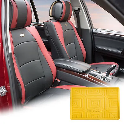 Leatherette Seat Cushion Covers Front Bucket Burgundy W/ Yellow Dash Mat For Car • $145