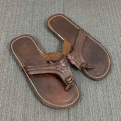 Moroccan Flip Flops Womens Size 9 Brown Leather Handmade Embossed Thongs Sandals • $17.24