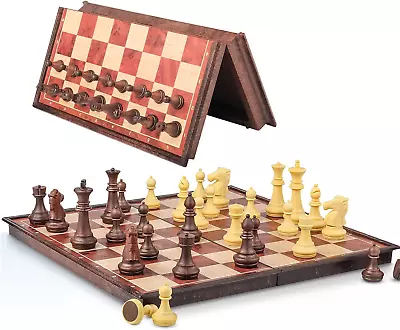 Enhanced Magnetic Chess Set Walnut-Style - Compact & Foldable Board Game With • $34.64