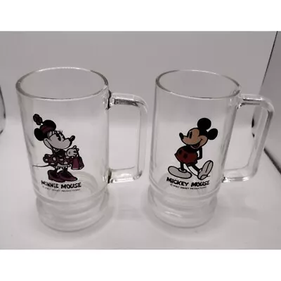 Vintage Walt Disney Productions Mickey & Minnie Mouse Clear Glass Mugs • $20