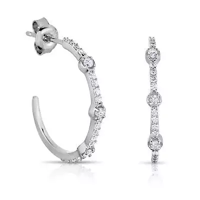 3/8 Cttw Diamond J Hoop Semi Circle Round Earrings In Rhodium Plated Silver • $79.99