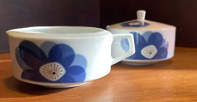 Vintage Indigo Moon Creamer & Sugar Bowl Dish Set Blue Flower Japan 3915 MCM • $17.50