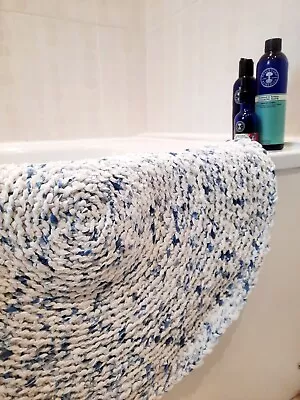 Crochet Rag Rug Round Bath Mat Denim Blue & White 62cm Diam. Machine Washable  • £26