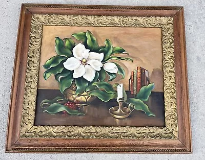 Antique Oak Gild Gesso Picture Frame W/  Vintage Oil Painting By Jo Hood Floral • $350