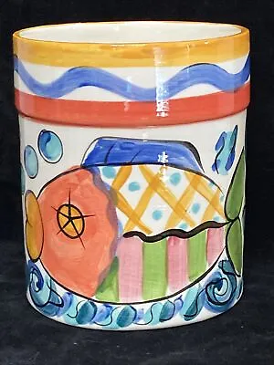 Vicki Carroll Pottery Signed Vase Utensil Holder Jar Fish Bubbles VC • $49.99