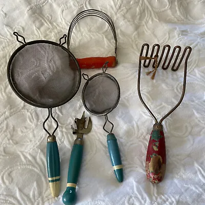 Vintage Kitchen Utensils Wood Handle Farmhouse Retro Red Turquoise Lot Of 5 • $25