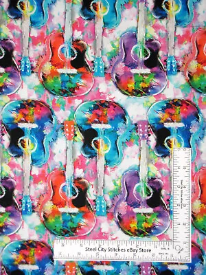 Music Fabric Rhythm & Hues  Guitars Multi Color Digital Cotton 3 Wishes Yard • $10.98