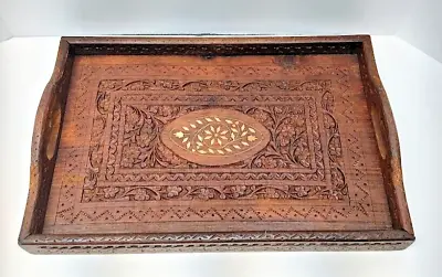 Vintage Intricately Hand Carved Wooden Inlaid Handled India Serving Tray 15 X10  • $47.95