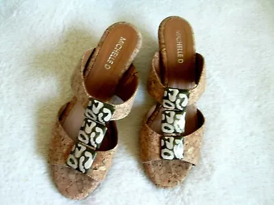 MICHELLE D 7.5M Cork Wedge Sandals W/Embellish T-Strap Slip-On Heel SANDALS NEW • $19.95