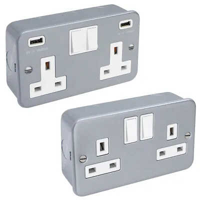 METAL CLAD 13 Amp Double 2 Gang Switched Socket Industrial Wall USB Plug Socket • £8.99