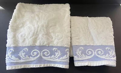 Vintage Laura Ashley Bath And Hand Towels Shabby Floral Blue White Acanthus  • $19.99