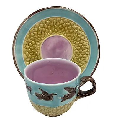 Majolica Tea Cup & Saucer Birds & Flowers Basketweave Antique C.1800s #1 Rare • $102.40