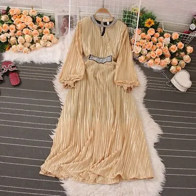 Women Embroidered Dress Flared Long Sleeve Round Neck Party Solid Spring Dresses • $67.99