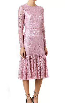 Dolce & Gabbana Pink Floral Guipure Lace Flounce Hem  Midi Dress Silk Size 36 • $449