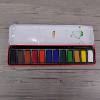 Vintage Reeves Water Colour Paint Box 12 Tablets Red Tin Portable • $19.99
