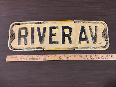 Vtg RIVER AV Street/Road Sign 20  X 6  Pressed/Embossed/Raised Steel #24 • $34.95