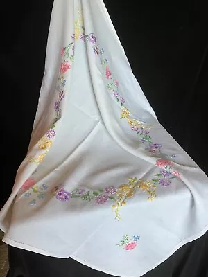 Vintage Hand Embroidered Linen Tablecloth 41” X 44” • $29.87