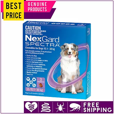 NEXGARD SPECTRA Heartworm Flea Control For Dogs 15.1 To 30 Kg PURPLE 3 Doses • $80.49