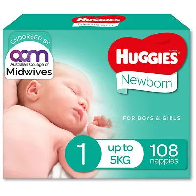 $51.30 • Buy Huggies Newborn Nappies Size 1 Up To 5kg Baby Diapers Nappy Unisex 108 Pack