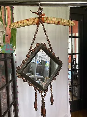 Vintage 8” Mirror Wall Hanging Brown Wooden Beaded Tassels Retro BOHO FLAWED • $25