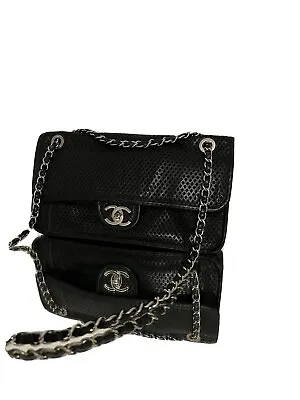 CHANEL Black ‘Up In The Air’ Classic Perforated Leather Flap Bag Turnlock SHW • £1900