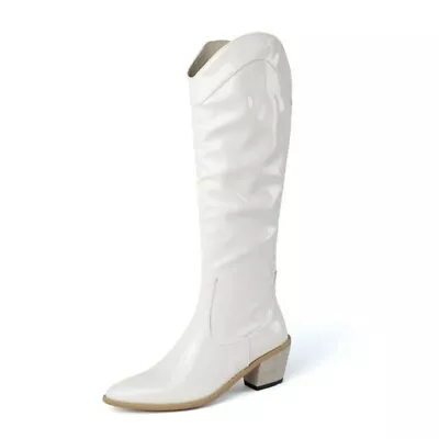 Womens Gothic Knee-high Boots Pu Leather Block Heel Pointy Toe Casual Shoes 46 L • $67.48