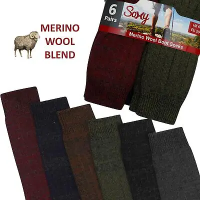 6 Pairs Mens Merino Wool Soft Warm Socks - Wool Blend Boot Hiking Walking Socks  • £8.95