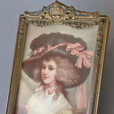 Antique 7  GILT Wood Gesso Frame Medallion + Flower Swags French LADY In BONNET • $45