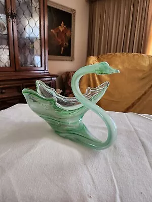 Mid-Century Vintage Murano Style Hand Blown Green Swirl Glass Swan Dish • $30