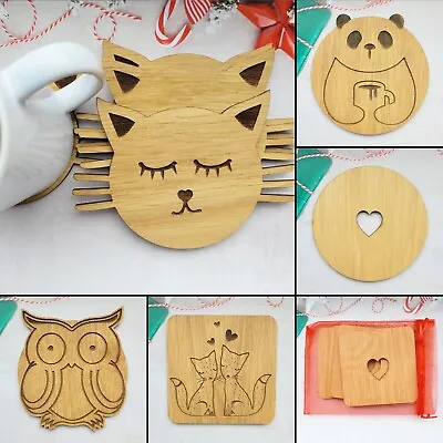 £4.95 • Buy 4 X Wooden Coasters Owl Fox Cat Coffee Tea Drinks Chic Shabby Gift Set Bag - OAK
