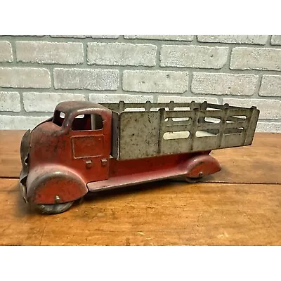 Vintage 1940s Marx Stake Bed Truck 13  Pressed Steel Toy Red Gray • $69.99