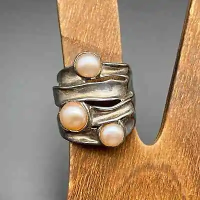 Vintage Israel Brutalist Pearl Sterling Silver Ring Size 7 • $135