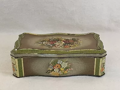 Vintage 30s Art Deco Embossed Floral TIN BOX Hinged Lid Holland Trinkets Sewing • $32