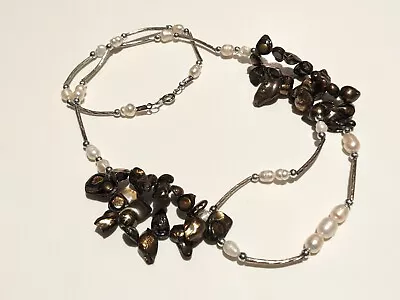 Metal Tube Freshwater Pearl Beaded Necklace Silver Bronze Tones • $8.69