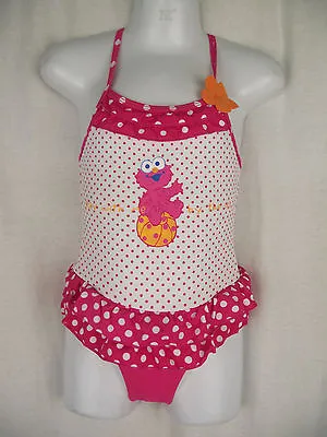 BNWT Girls Sz 1 Elmo Pretty Pink Polka Dot & Ruffle One Piece Swim Suit Bathers • $13.02