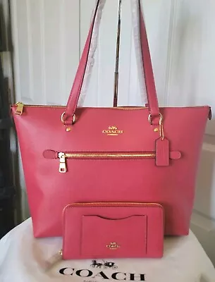 NWT Coach Gallery Tote & Wallet Crossgrain Poppy Pink/ Gold Leather Shoulderbag  • $249.99