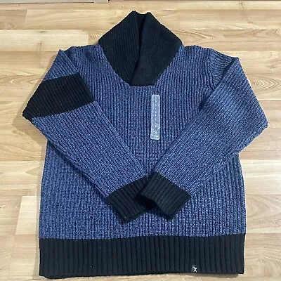 Marc Ecko Mens L Chunky Knit Sweater Cowl Neck Blue & Black Pullover NEW • $29