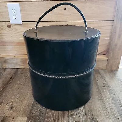 Vintage Travin's Black Patent Leather Wig Hat Box Travel Case Zippered • $49